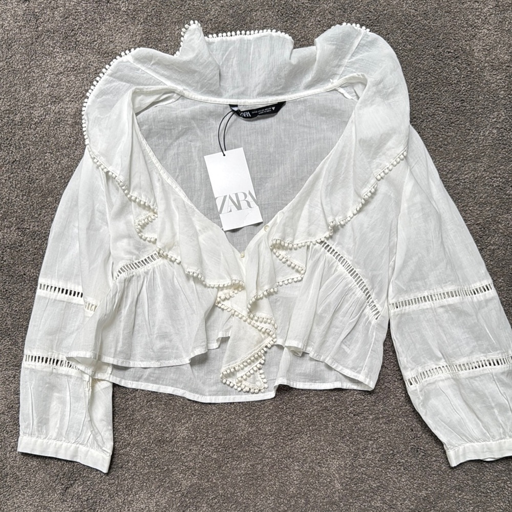 Zara White Ruffled 3/4 Sleeve Blouse